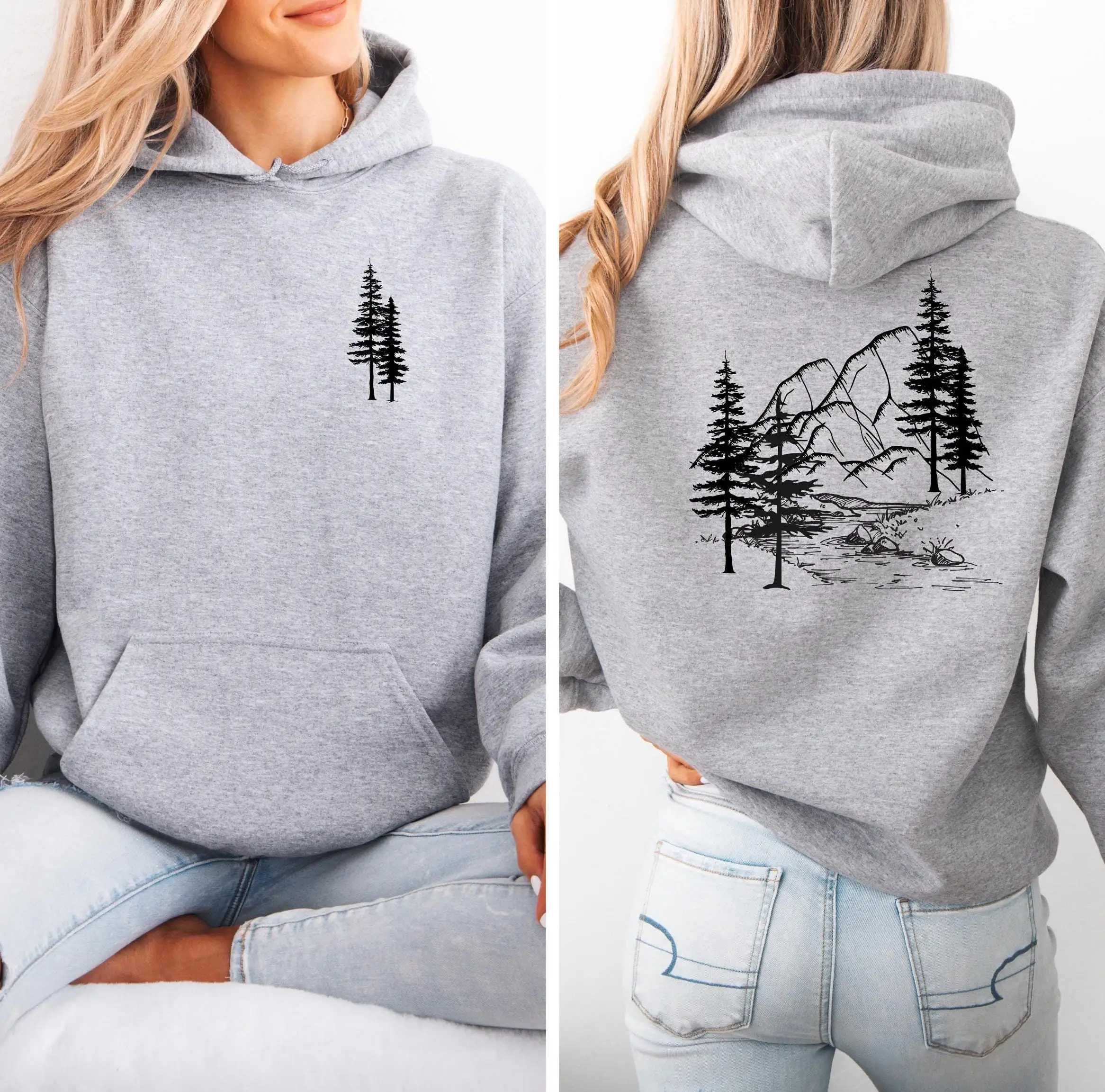 Nature Mountain Forest Lovers Graphic Design Front and Back Hooded Casual Fashion Loose Harajuku Men and Women Sweatshirt