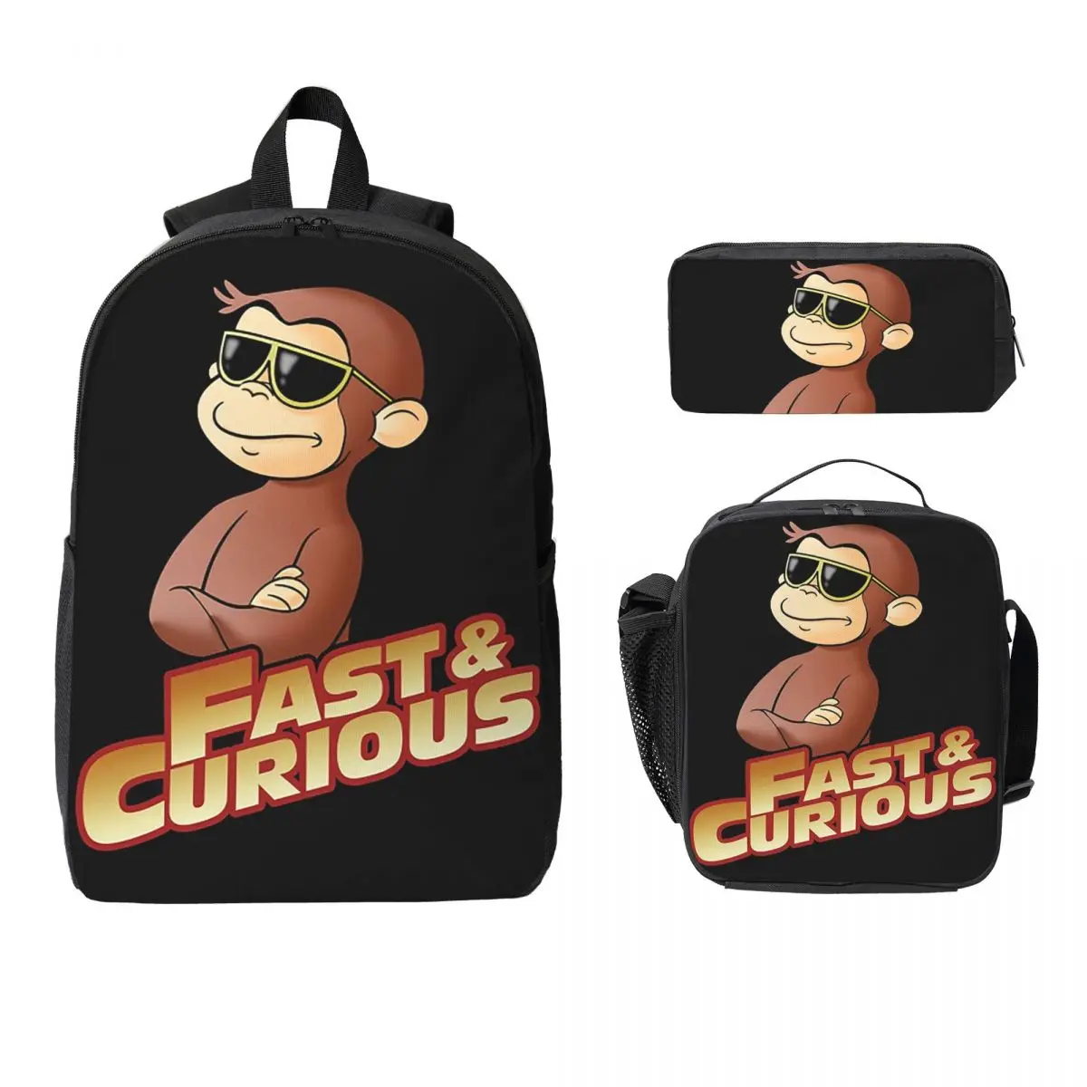 

Рюкзак Curious George FAST AND CURIOUS V2, сумка для книг для мальчиков и девочек, школьная сумка, сумки на плечо, изолированная сумка для обеда 3 шт., пенал