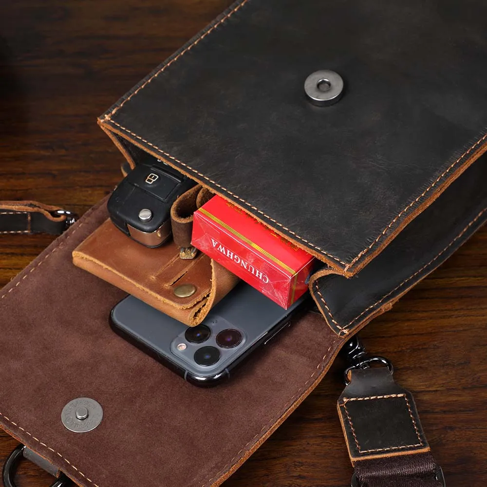 Vintage Echtleder Herren-Umhängetasche aus Crazy-Horse-Leder, Mini-Handytasche für Schlüssel und Karten – Detail 20