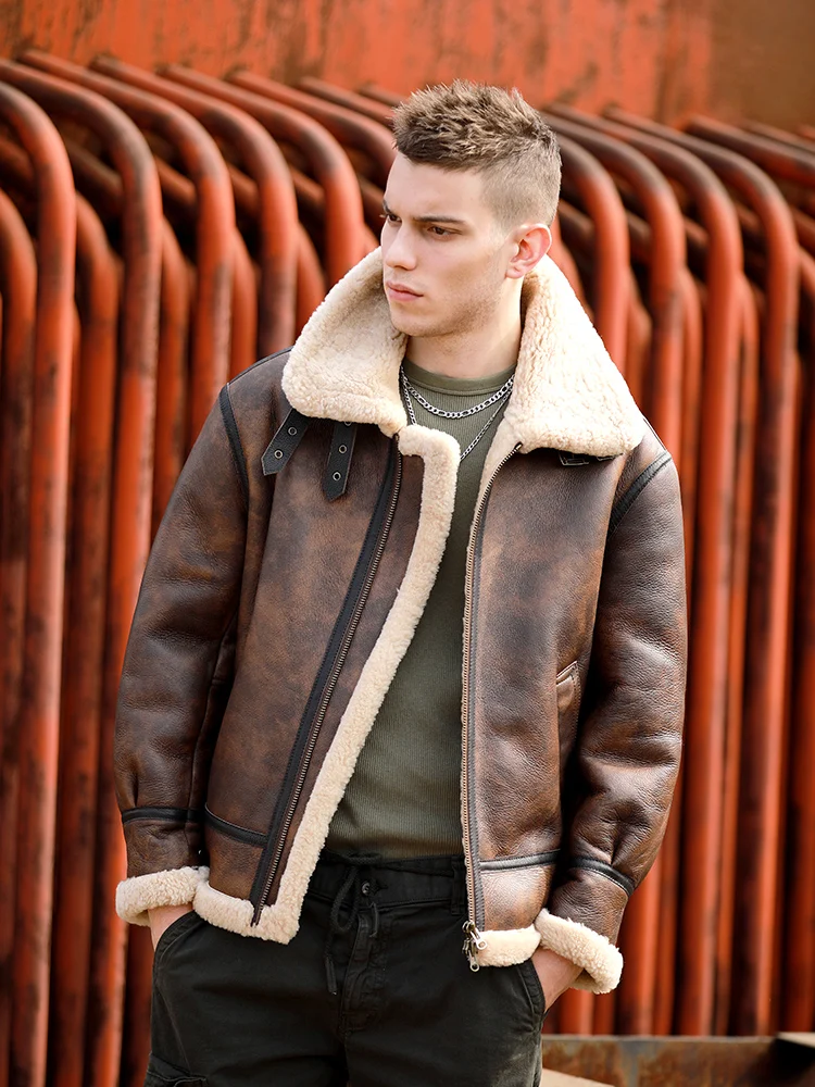 Man Winter Coat Genuine Leather Natural Sheepskin Shearling Jacket for Male Motorcyclist Pilot Biker Brown Big Size 5XL 6XL 7XL