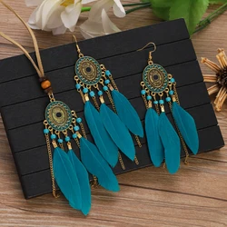 2pcs Feather Necklace Earring Set Women's Vintage Sun Pattern Beads Chain Tassel Earrings Handmade Leather Rope Jewelry Sets