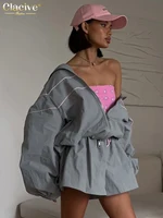 Clacive Fashion Loose Gray 2 Piece Sets Women Outfit 2024 Elegant Long Sleeve Shirt With High Waist Shorts Set Female Streetwear - Image 3