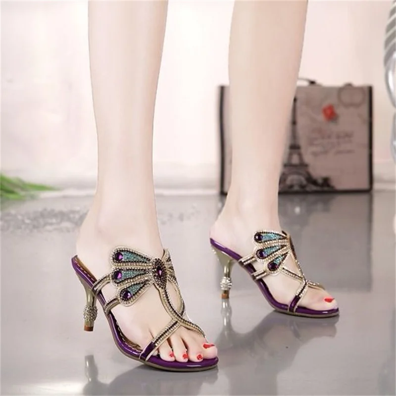 

Summer Rhinestone Sandals Leather Glitter Women Open Toe High Heels Party Shoes Gladiator Wedding Shoes