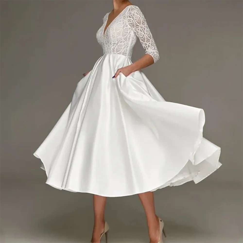 

Classic V-Neck Lace Pleat Full Sleeve A-Line Bride Wedding Dresses Bridal Gowns Customized