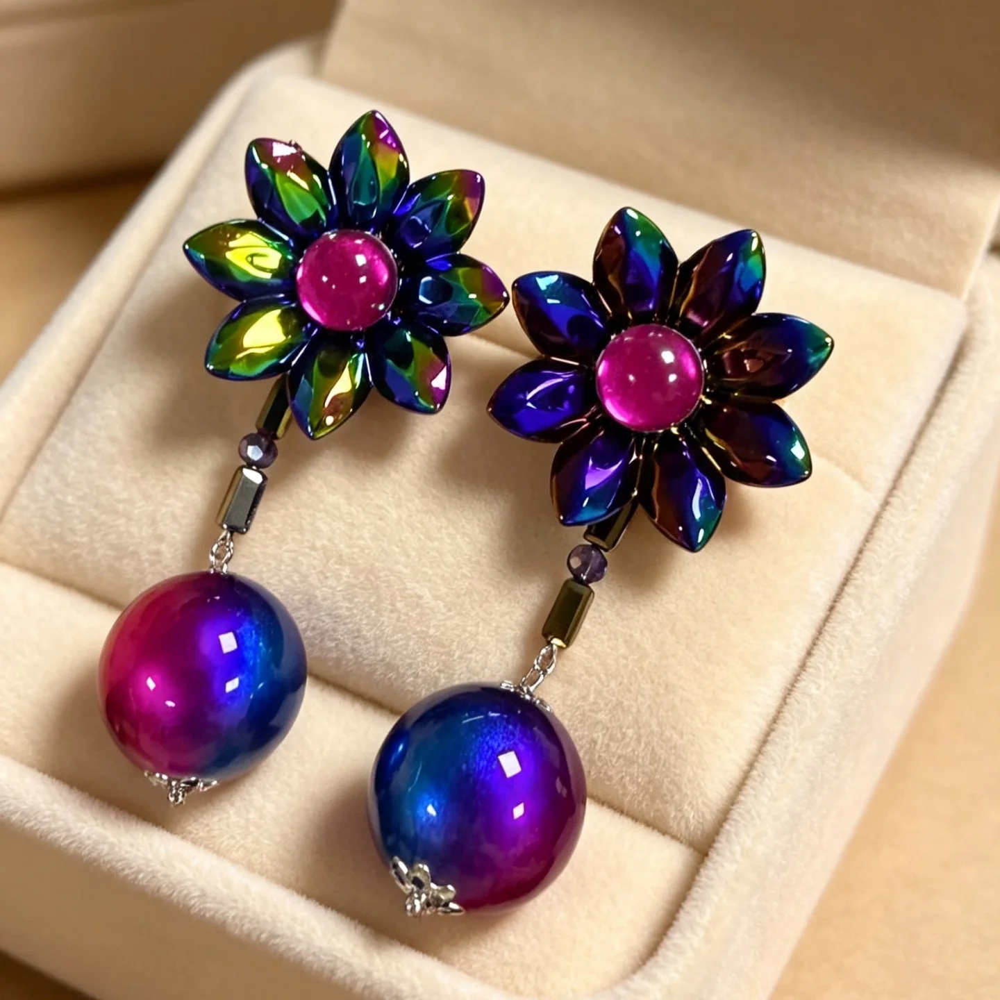 Medieval vintage retro niche gradual change color flower stud earrings resin laser petals ball earrings earrings