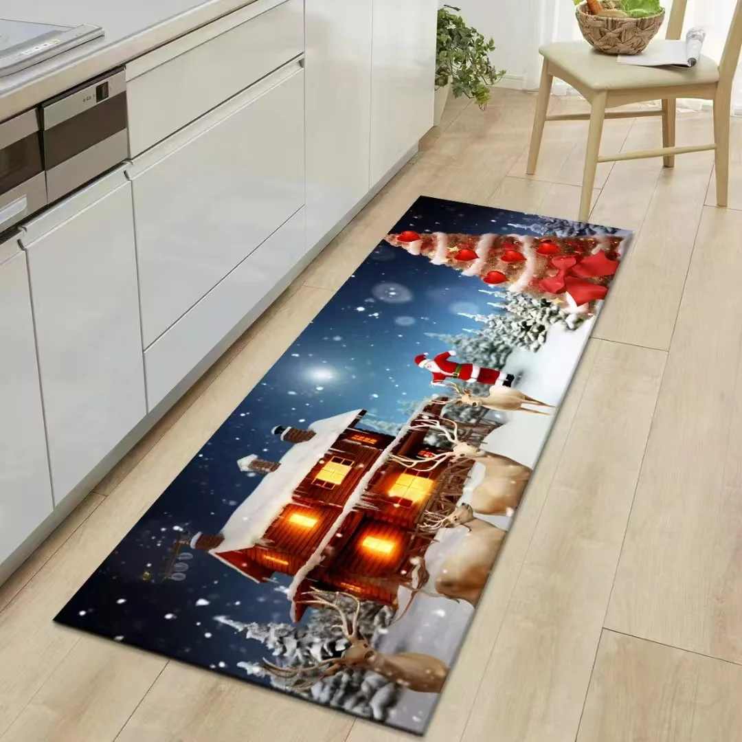 Merry Christmas Santa Claus Kitchen Floor Mat Home Decor Hallway Balcony Laundry Rugs Bathroom Non-slip Mat Xmas Decorations