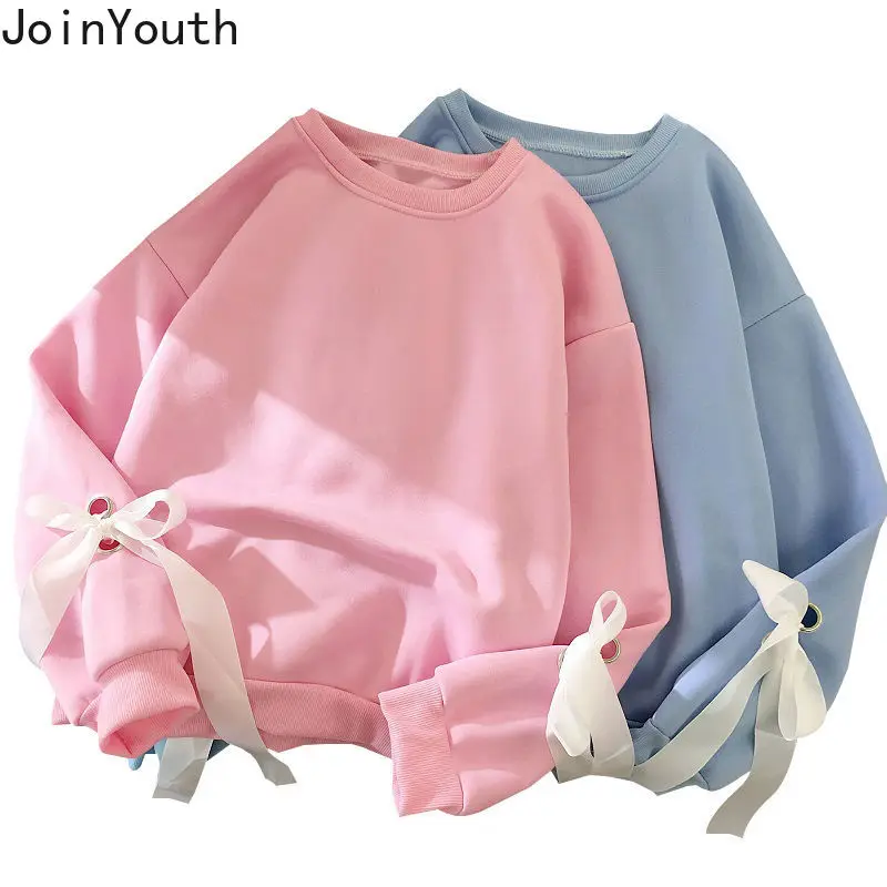 Hoodies Women Preppy Style Sweet Cute Thicked Y2k Tops Korean Clothes for Teens Bandage Bow Loose Casual Fashion Sweatshirt