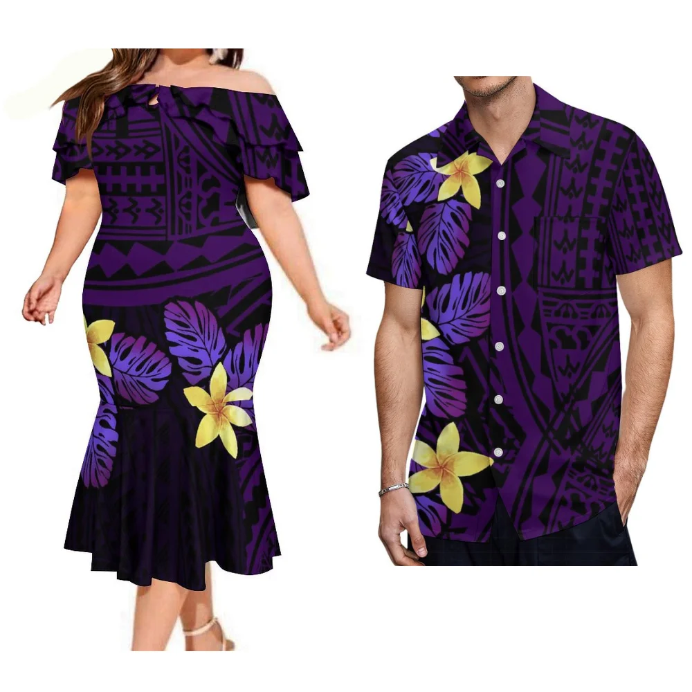 Samojska sukienka dla par w nowym stylu Damska sukienka z odkrytymi ramionami Fishtail Męska koszula Polinezyjska odzież festiwalowa