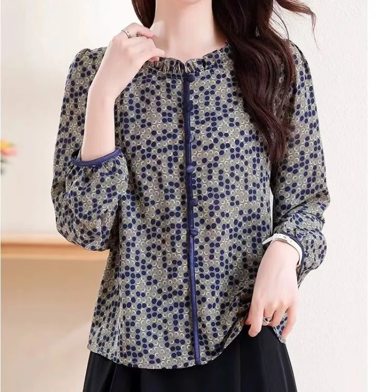 Spring Summer Women\'s Pullover Lantern Long Sleeve Crew Neck Button Polka Dot Chiffon T-shirt Casual Fashion Elegant Tops