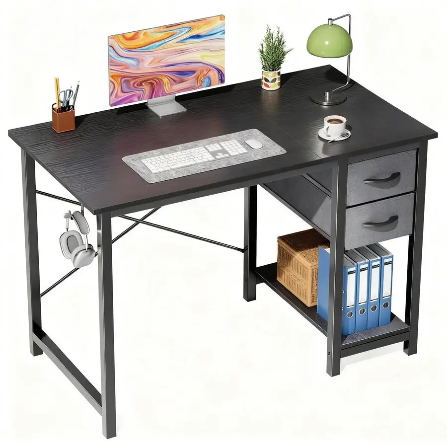 

Small Computer Desk with 2 Drawers 40 Inch Home Office Desk Modern Simple Study Writing Table with Storage Shelf for Bedroom, B