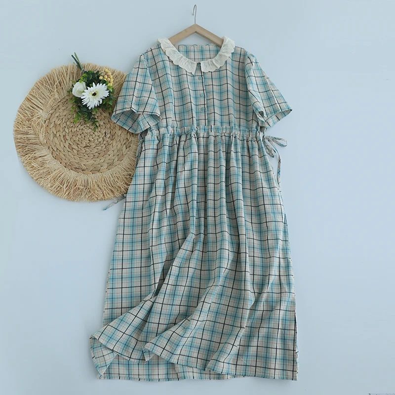 

Japanese Sweet Mori Girl Vintage Plaid Drawstring Waist Cotton Dress Women Summer Lace Collar Short Sleeve Casual Midi Dresses