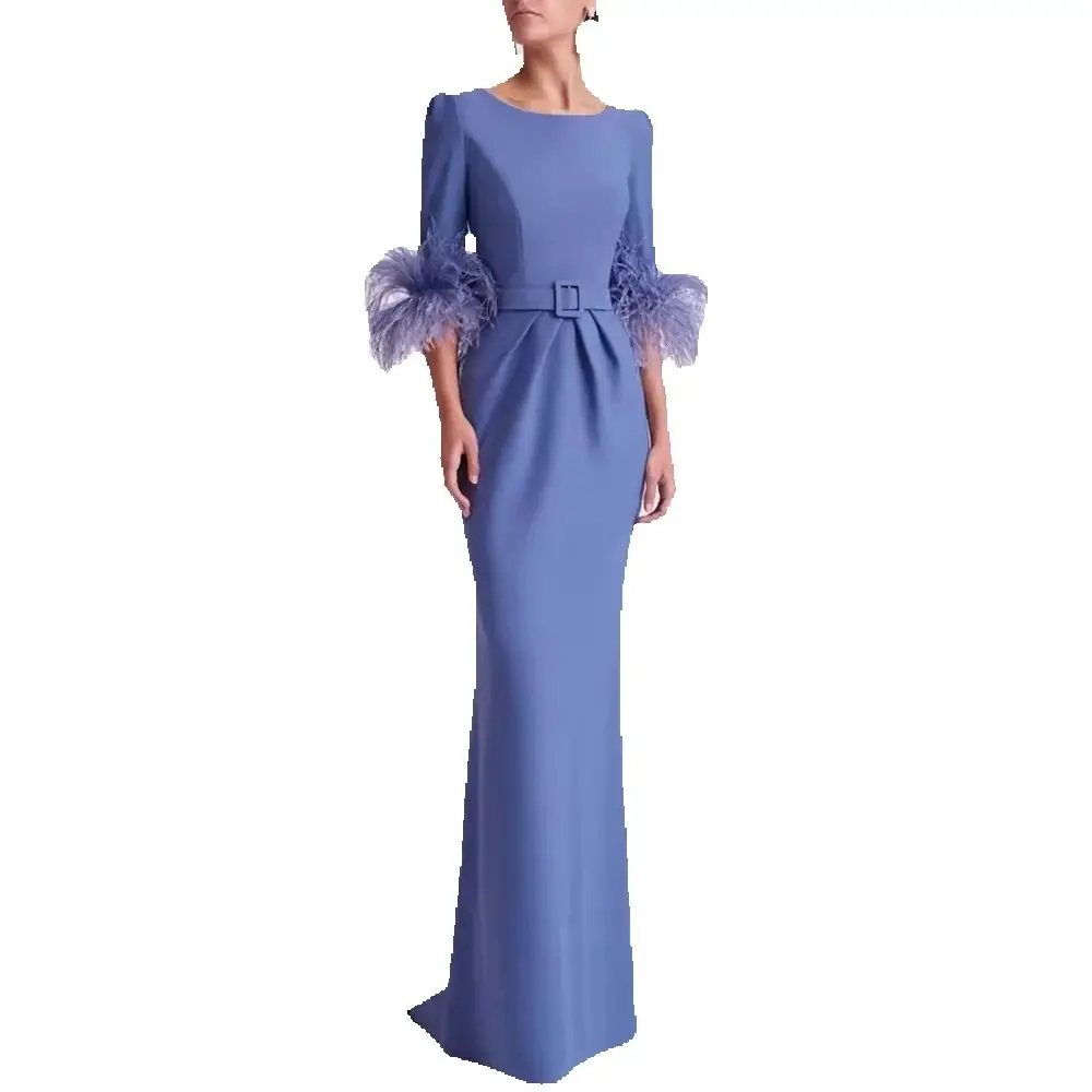 Customized Mother of the Bride Jersey Sheath/Column Evening Dress Blue O-Neck Pleat Belt Feather Prom Dress Long Wedding Dresses image 3