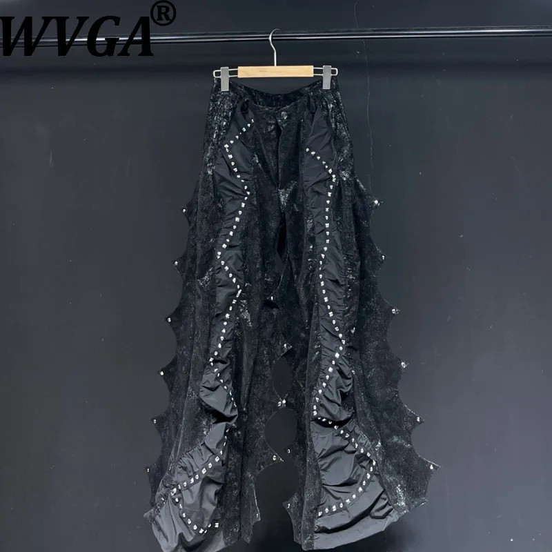 

WVGA весна осень новые мужские широкие брюки с модным дизайном в стиле пэчворк и заклепками в стиле панк, шикарная повседневная уличная одежда Ins Y2K W12695