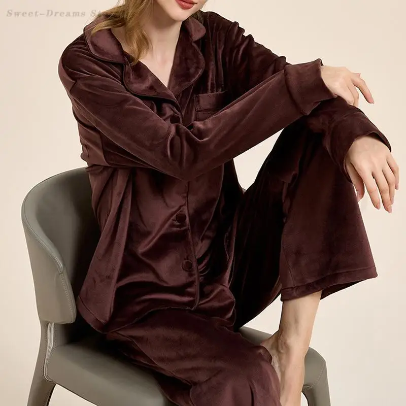 

Female Island Velvet Pajamas Set Thicken Long Sleeve Trouser Suit Sleepwear Autumn Winter Nightwear Lounge Wear Loose Homewear