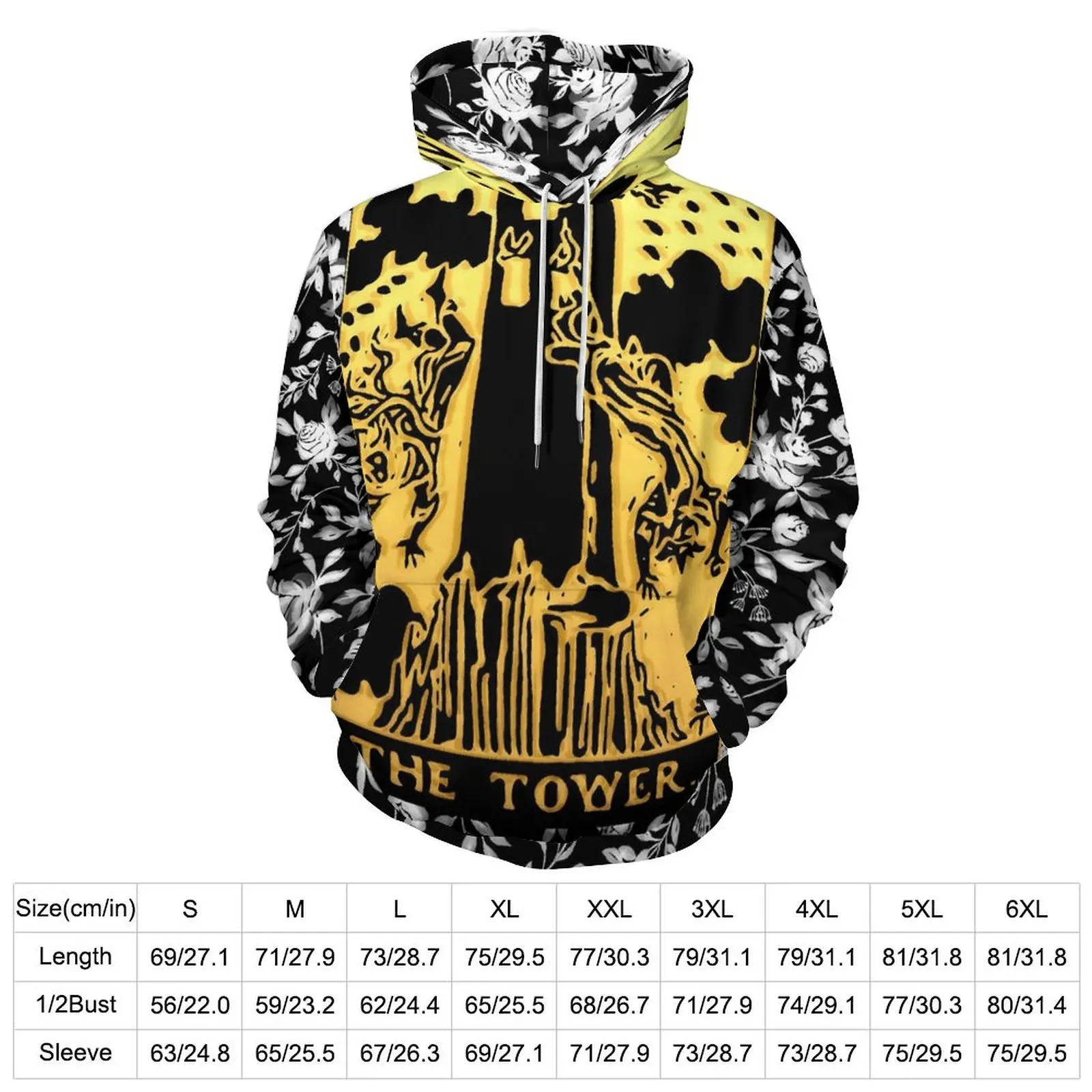 Floral Tarot Print Hoodies Long Sleeve The Tower Cool Casual Hoodie Winter Streetwear Oversize Printed Loose Sweatshirts