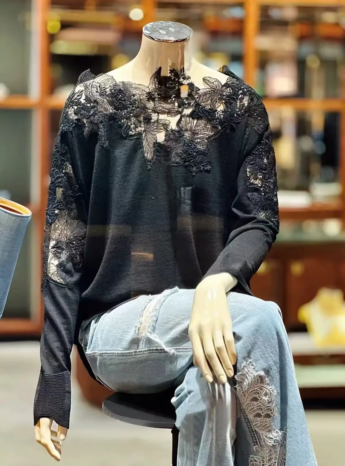 Black White 100% Wool Sweater For Women Embroidery Lace Hollow Out Off Shoulder Long Sleeve Elegant Fall Winter Casual Knitwears