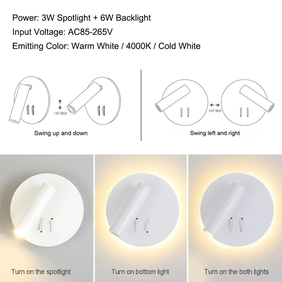 Imagem -06 - Lâmpada de Parede Led Nórdica com Interruptor Luz de Fundo Rotação Livre Luz de Cabeceira Candeeiro Interior 3w Spotlight Quarto de Casa 6w