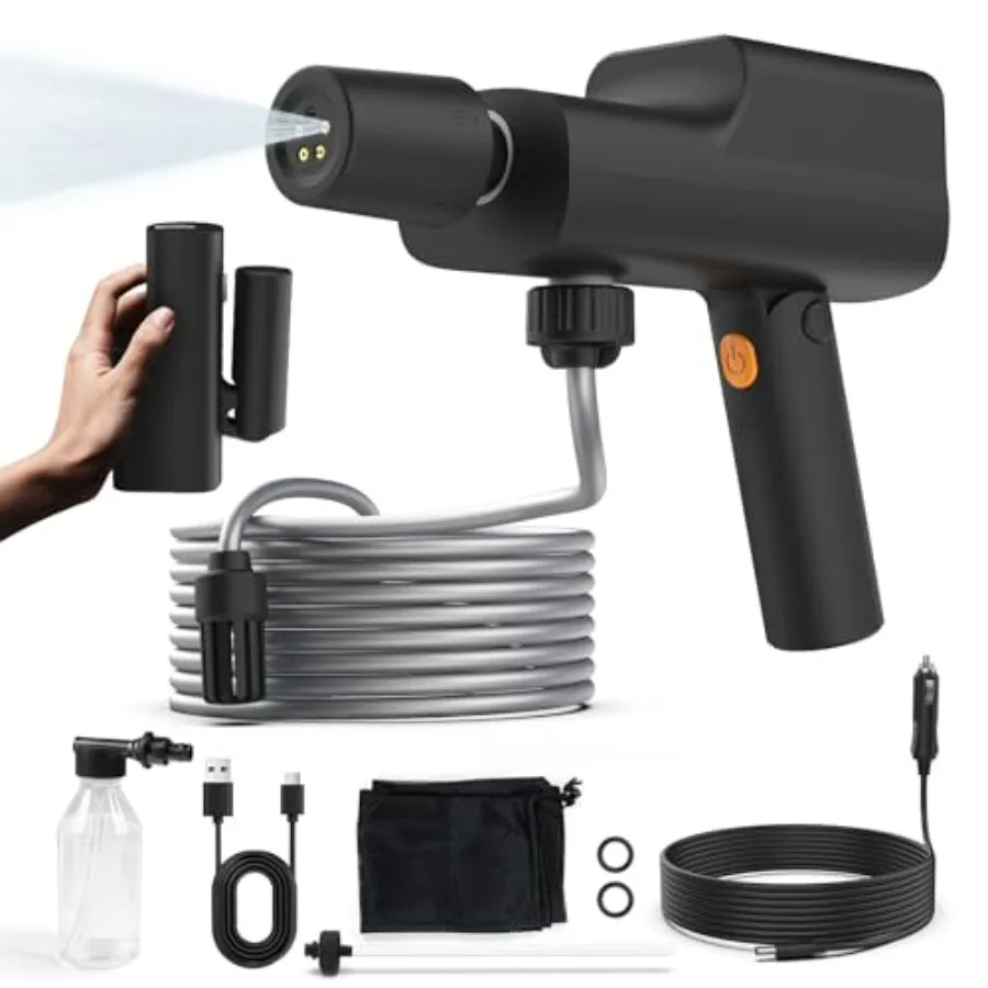 

Складная беспроводная мойка высокого давления с аккумулятором и автомобильным зарядным устройством, 249 фунтов на кв. дюйм, портативный пистолет для мойки с шлангом 16,4 фута и насадкой 5-в-1