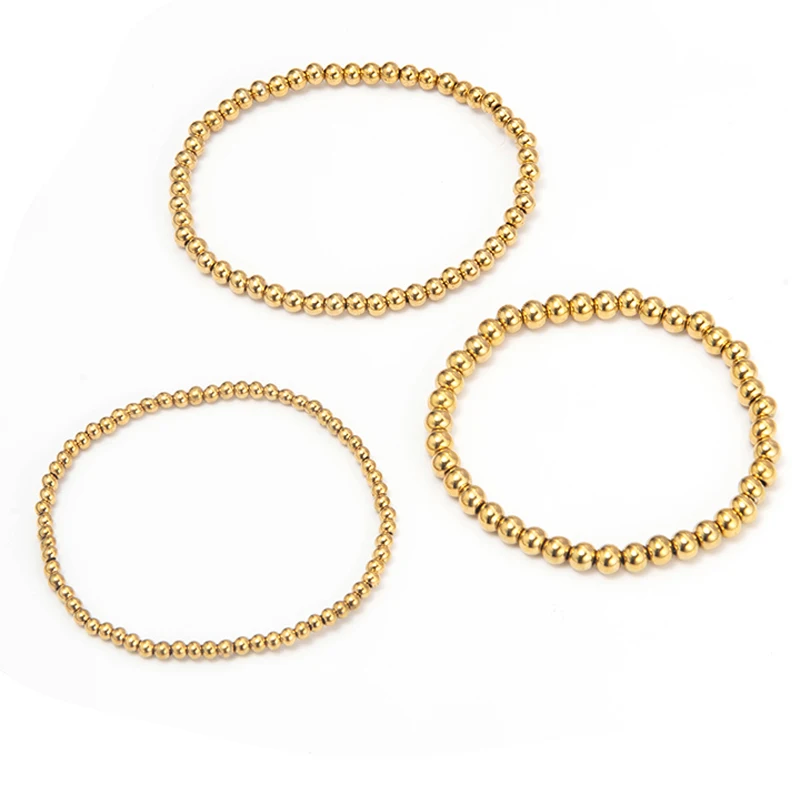 Classic Gold Plated Beaded Bracelets For Women Handmade 3/4/5 mm Stainless Steel  Beads Stretch Layered Bracelets Wholesale