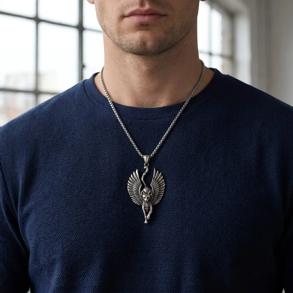 Ägyptische Geflügelte Bastet Antik Silberbeschichtete 316L Edelstahl Ankh Katzen-Anhänger Halskette für Herren Okkult Streetwear Schmuck