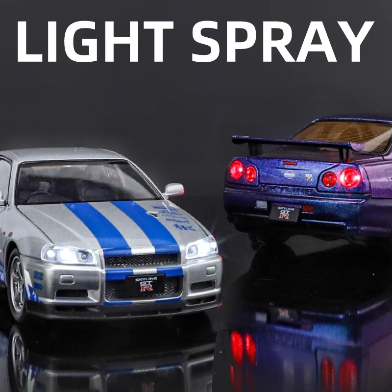 1:32 Scale GTR R34 R35 Diecast Model Sound Light Pull Back high simulation Kid Birthday Gift Collect Orname