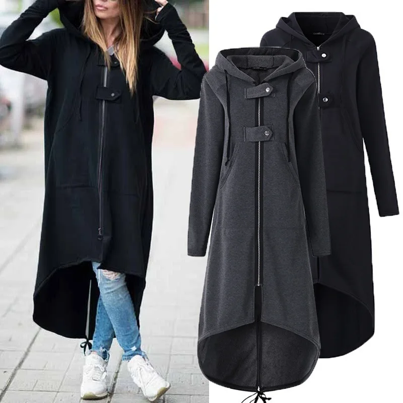 Windbreaker Women Hooded Long Sleeve Zipper Drawstring Casual Irregular Coat Casual Solid Long Trench 2021 Women Trench