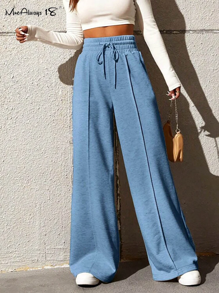 Mnealways18 New Straight Casual Street Baggy Pants Women Pleated Drawstring Wide Leg Pants Outdoor Solid Sporty Pant Trendy 2024