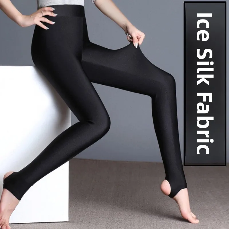 208 جديد ارتفاع الخصر لامعة طماق المرأة بلا بانهوس رقيقة نموذج القدمين السراويل سليم صالح قاعدة طبقة ربيع الخريف