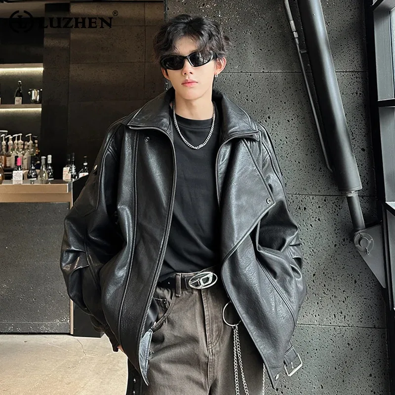 

LUZHEN 2025 осенняя высококачественная оригинальная кожаная куртка с наклонной перекрестной планкой, мужская модная однотонная мужская одежда JY4542