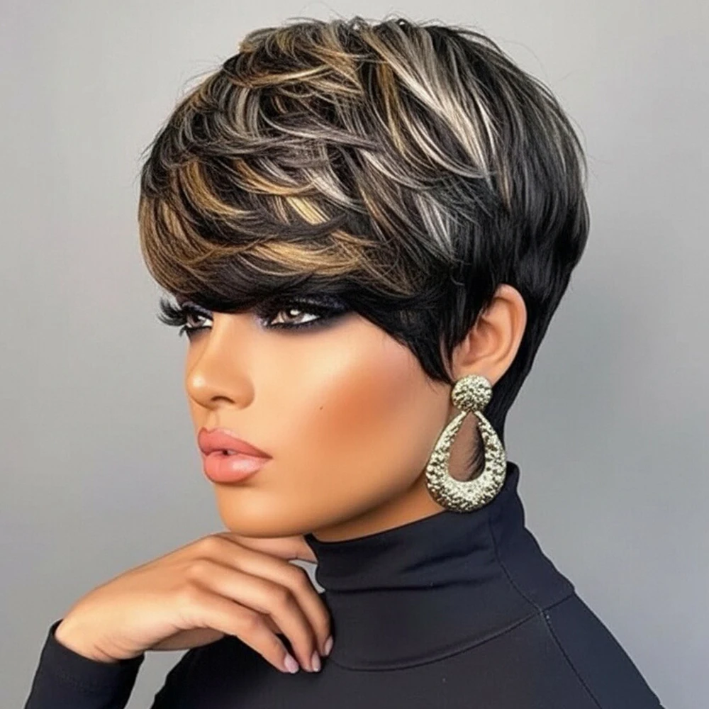 شعر مستعار قصير الطبقات مستقيم بقص عابث ومموجات الأصابع شعر بشري 100% طبيعي واقعي خالي من التشابك آلة كاملة مصنوعة للنساء #1