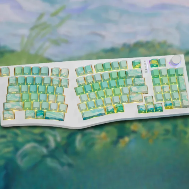 Green field canopy oil painting theme transparent light transmission PBT side engraved keycap hot sublimation 130 key OEM keycap