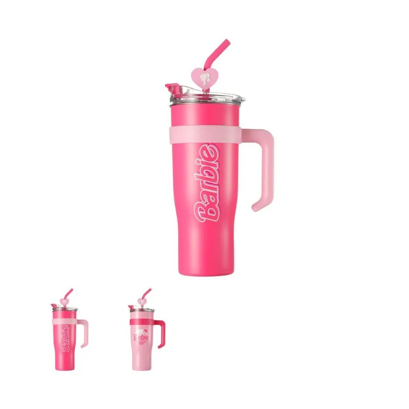 Authentic MINISO Barbie Capsule Big Mac Steel Cup 1600ml Large Capacity Straw Cup Insulated Sports Water Cup with Handle