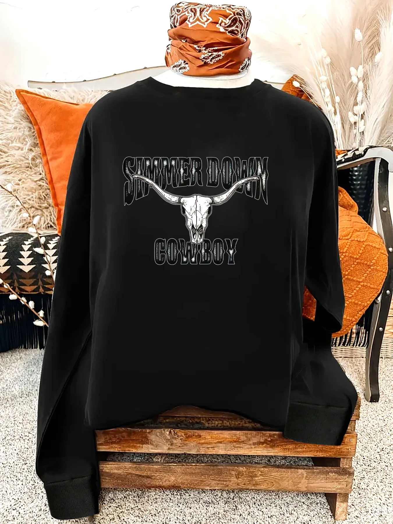 المرأة الغربية الحذاء هوديي الرسم ، أزياء الإناث ، عارضة Crewneck البلوزات ، نمط رعاة البقر ، Y2K