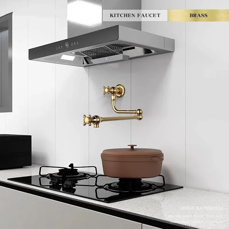

Gold Finished Copper Foldable Kitchen Sink Mixer - Wall Mounted European Style Rotation Faucet for Kitchen Cold Water