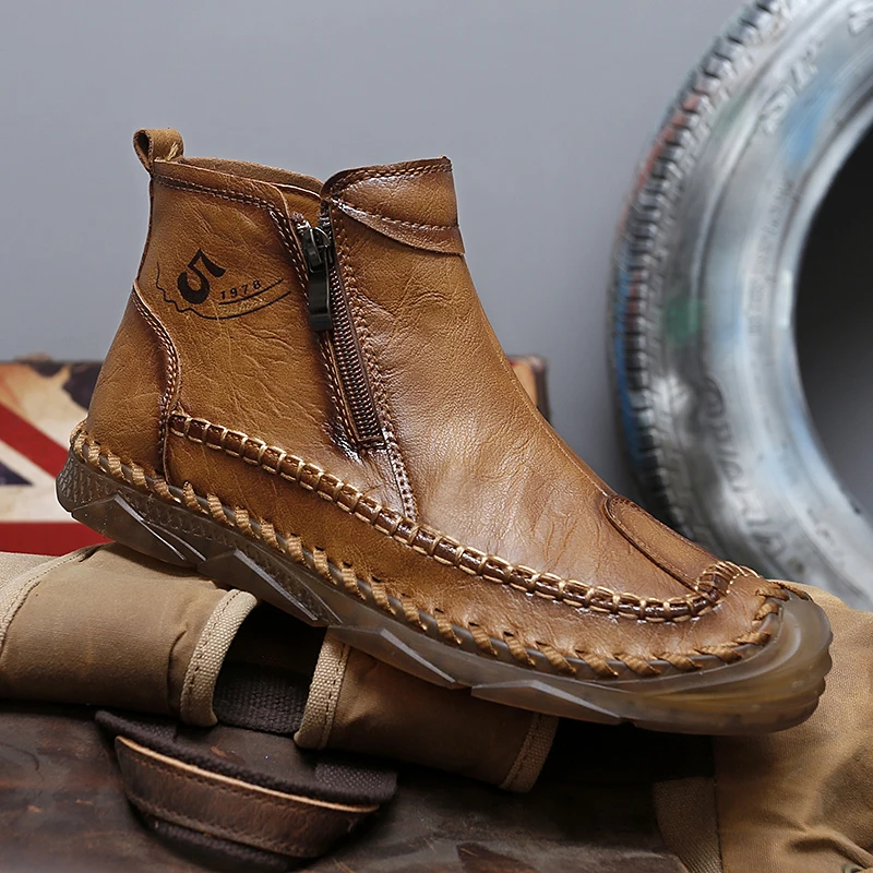 

New Handmade Leather Casual Men Shoes Design Ankle Boots Man Breathable Leather Shoes Outdoor Non Slip Walking Boots Big Size 48