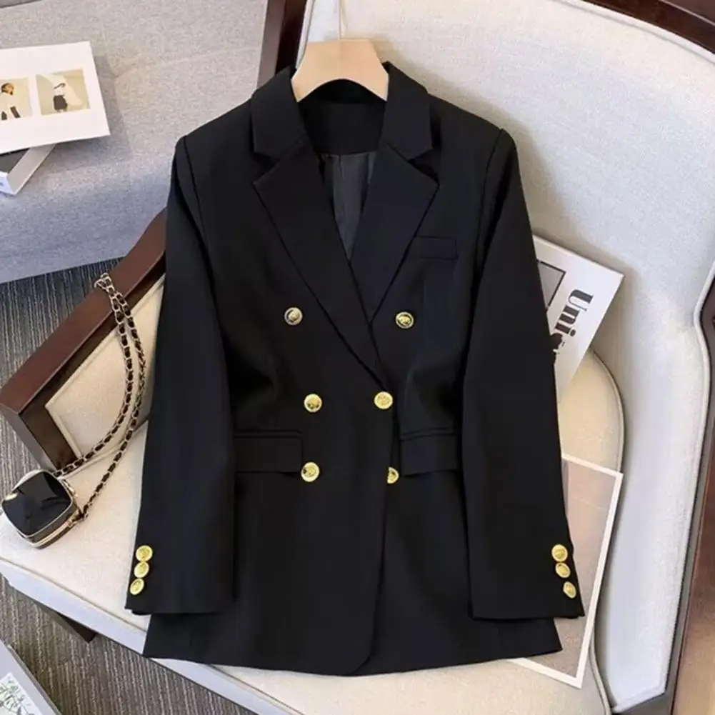 Women Suit Coat Elegant Women's Double Breasted Suit Jacket with Lapel Collar Flap Pockets Slim Fit Solid Color Work for Office