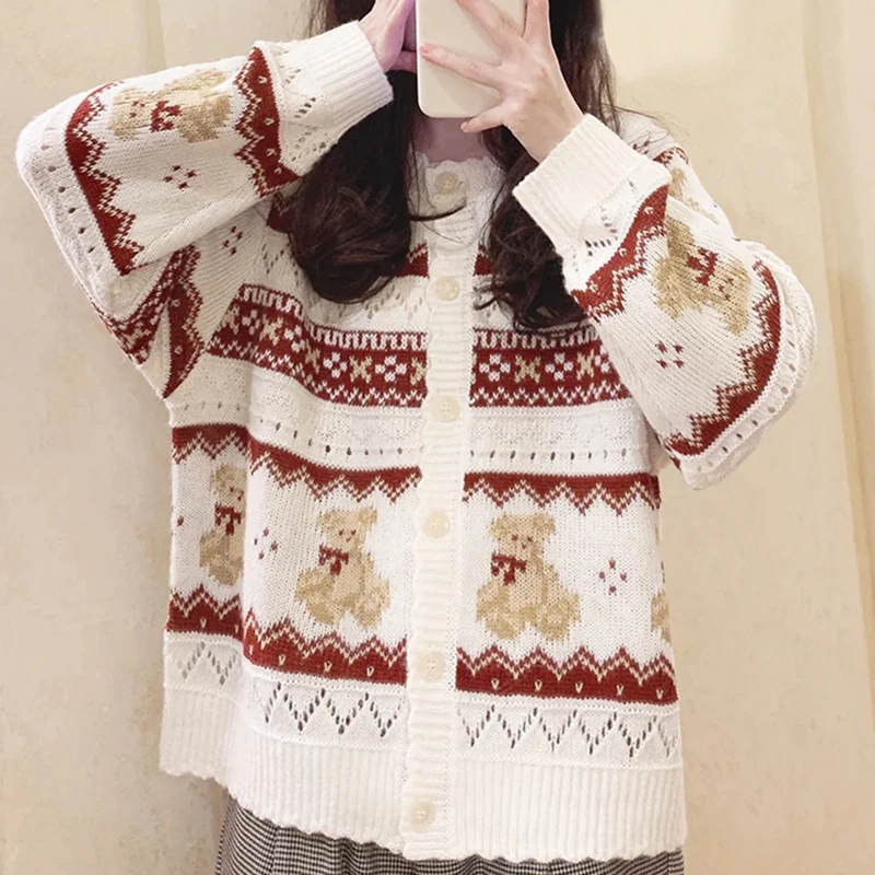 Women Y2k Vintage Knitted Jacket Coats Tops Christmas Bear Print Cardigan Autumn Long Sleeve Drop Shoulder Button Down Sweater