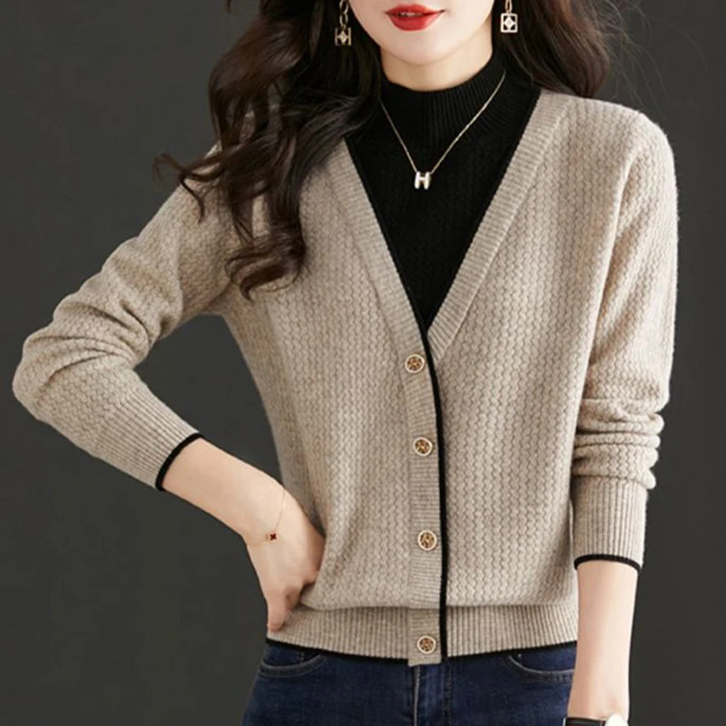 Women Clothing New Korean Style Patchwork Elegant Knitted Sweater Autumn Winter Half High Collar Long Sleeve Loose Pullover Tops