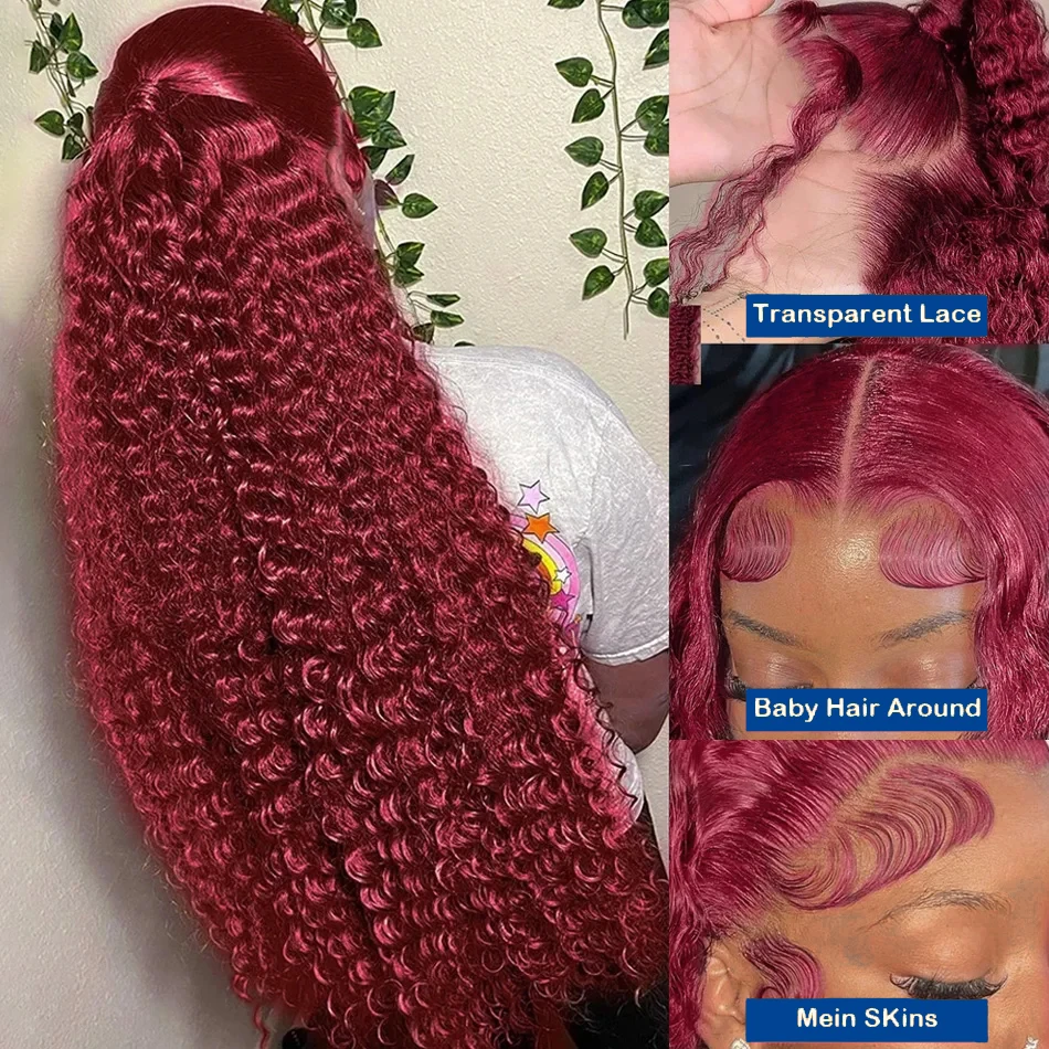 Profunda Curly Lace Frontal Peruca, Borgonha, Onda Profunda, Perucas de Cabelo Humano, Vermelho, Cabelo Brasileiro, 13x4, 99J