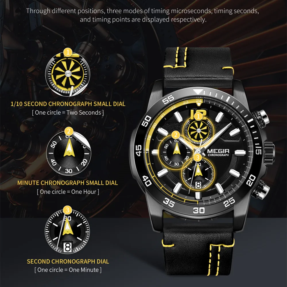 MEGIR Brand Original Men Watches Quartz Chronograph Luxury Leather Strap Sports Military Watch Waterproof Date Clock Wristwatch