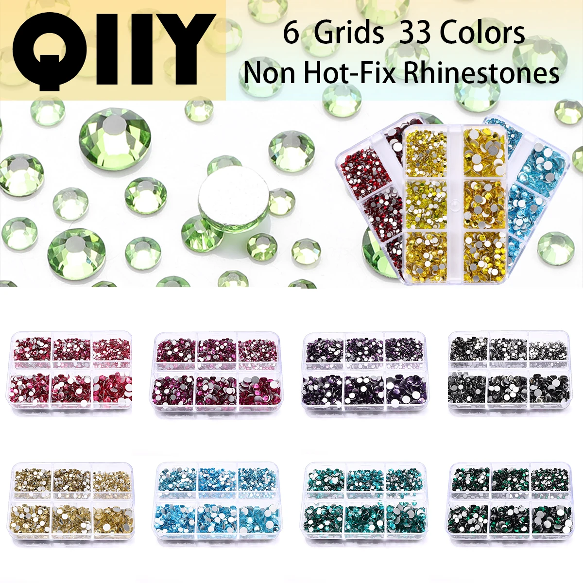 QIIY SS6-SS20 Mix Size Boxed 6 Grids Glass Non-Hotfix Rhinestones Flatback Crystal For Garment Wedding Dress Nail Art Decoration