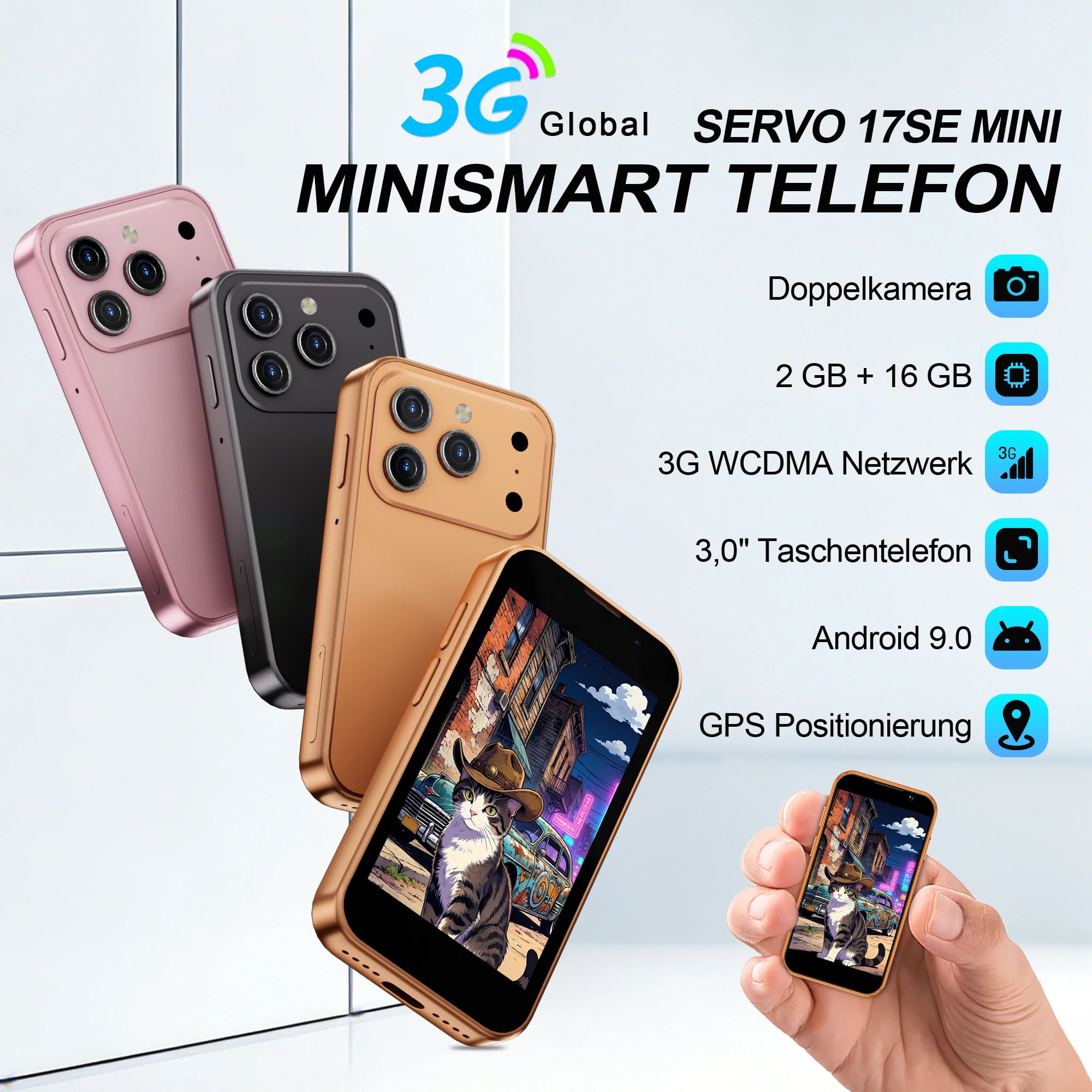 SERVO 17SE Mini-Smartphone Android Dual-SIM 3G-Netzwerk 2GB RAM 16GB ROM 3,0-Zoll-Tiny-Screen ‌   Smartphones mit Gesichtserkennung GPS WLAN Kamera Kleines Taschen-Handy