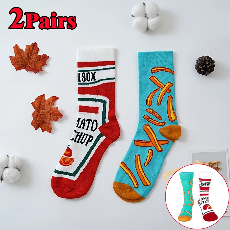 

2 Pairs Unisex Funny Socks French Fry Ketchup Printed Mid-Calf Socks Funny AB Style Food Socks