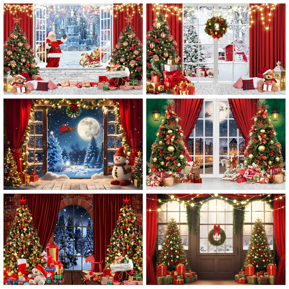 Christmas Backdrop for Photography Winter Wooden Window Xmas Tree Gifts Santa Claus Adults Family Party Baby Portrait Background