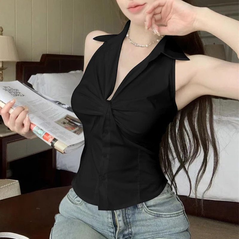 Women Clothing 2024 Summer Trendy Sexy V Neck Backless Knot Blouses White Black Sleeveless Slim Shirts Casual Chic Y2K Crop Tops