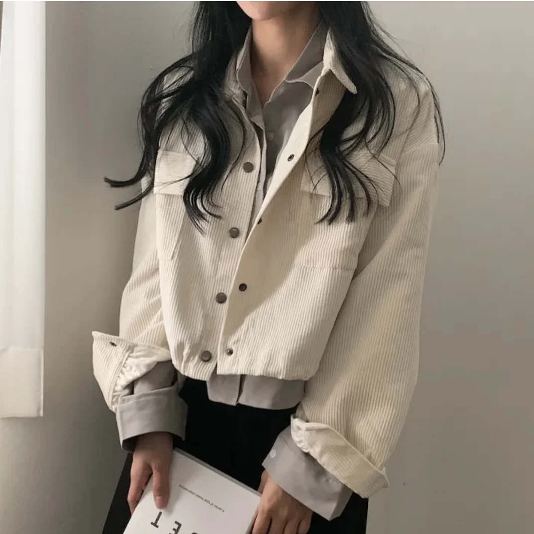 

Women's Chic Autumn Winter Vintage Simple Turn-down Collar Dstring Corduroy Loose Outerwear Long Sve ort Top