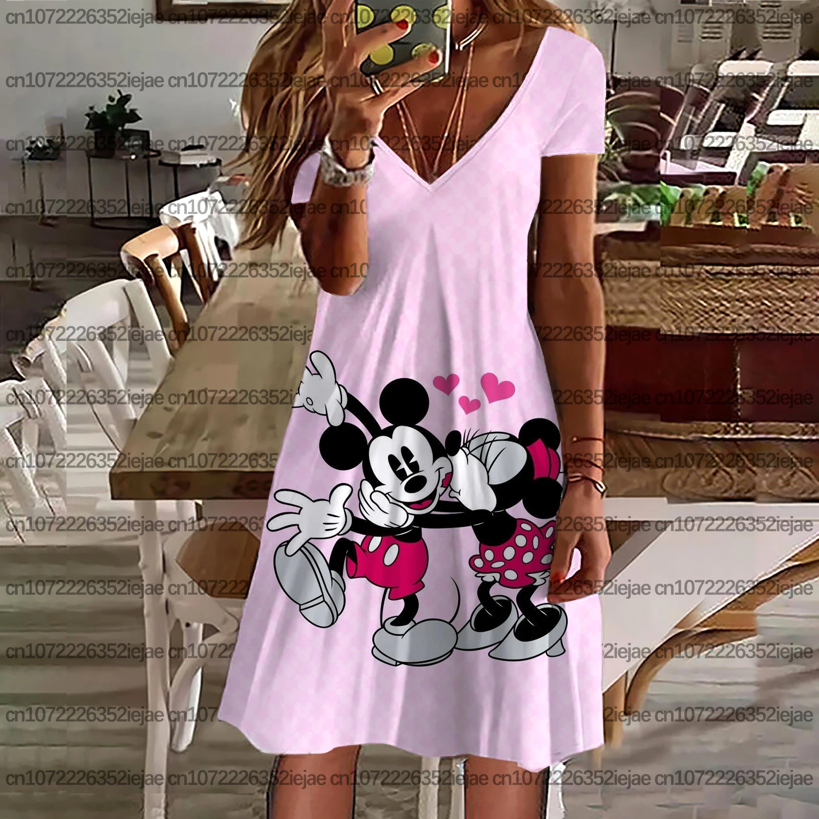ディズニー ミッキーとミニー プリント レディース カジュアル ルーズ ドレス、クール バケーション トップ、レディース スリップ ドレス、ボヘミアン ビーチ ドレス