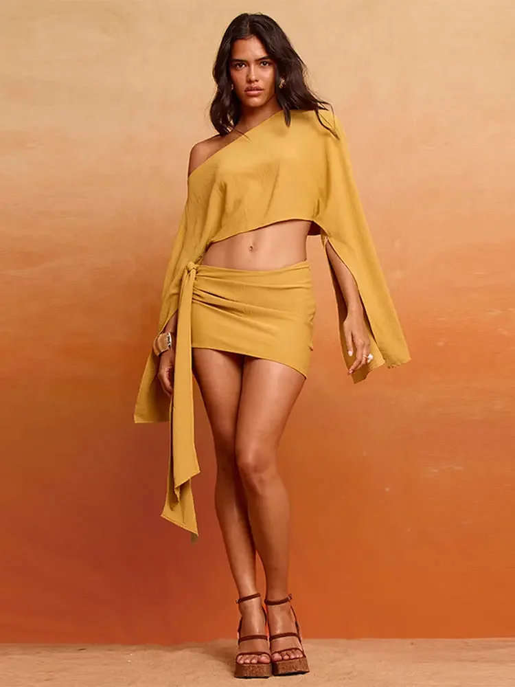 Trendy Shawl Top Mini Skirt Set Women Long Sleeved Sloping Shoulder Crop Top Slim Hip Package Skirts Summer Sexy Lady Outfit