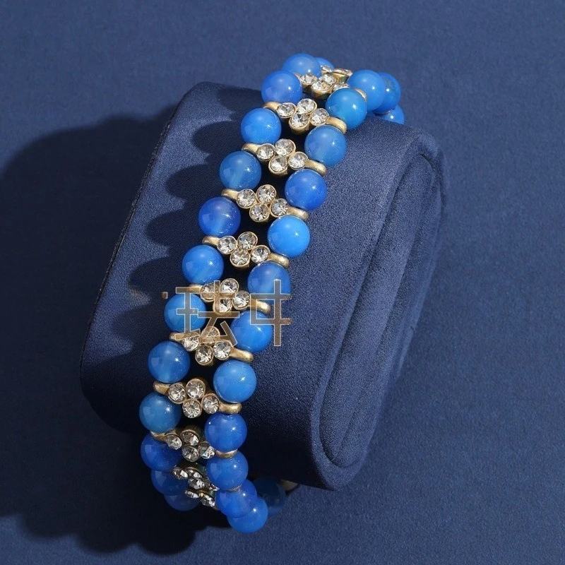 Vintage Gold Plated Copper Double Layer Necklace, Blue Glass Rhinestone Spliced Jewelry