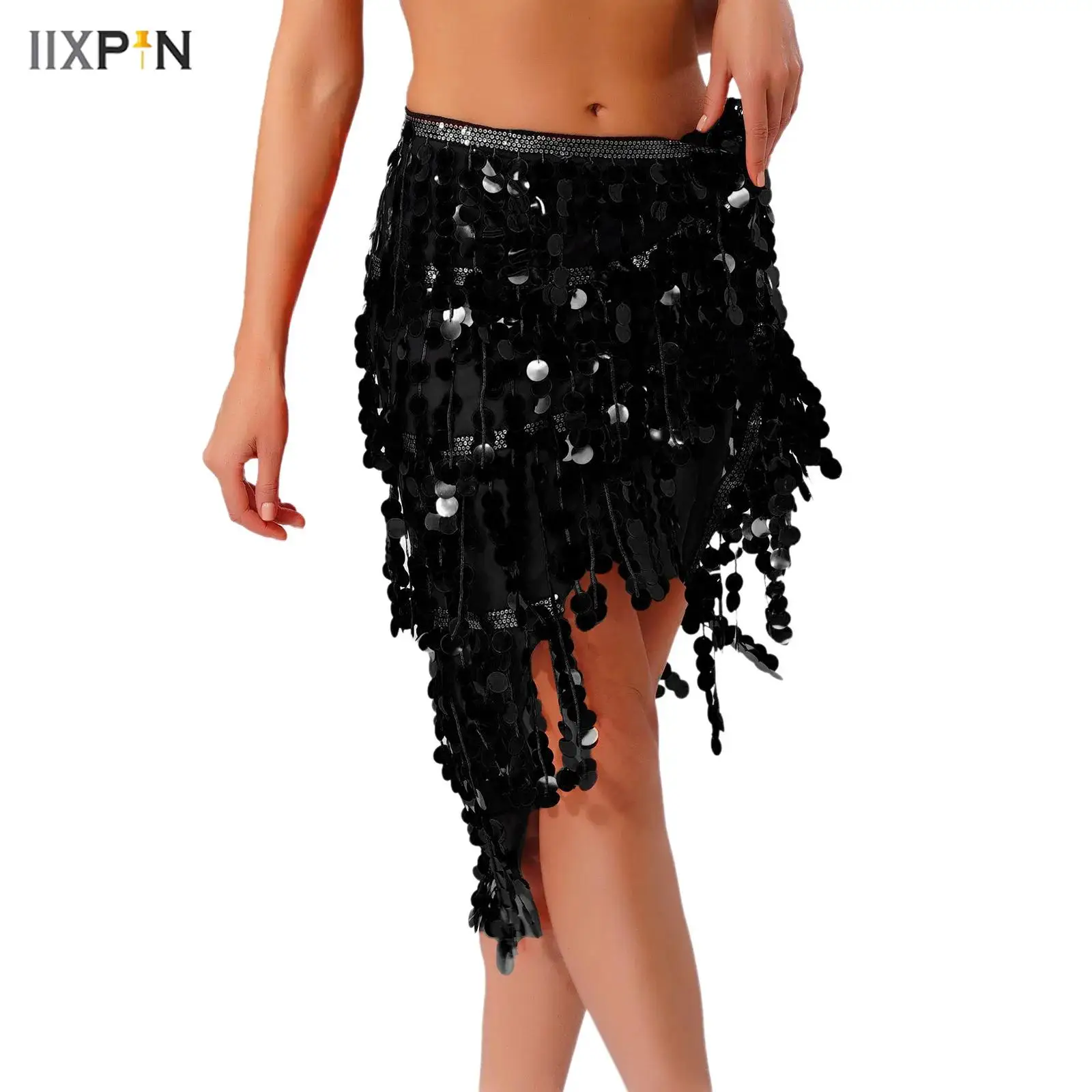 

Women's Belly Dance Skirt Sheer Mesh Glittery Sequin Tassel Lace-up Triangle Hip Scarf Waist Chain Latin Dance Class Performance